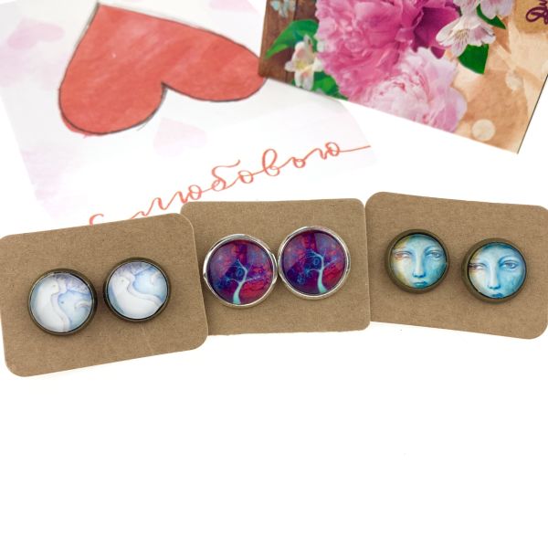 Set of 3 pairs of stained glass studs “Fantasy”