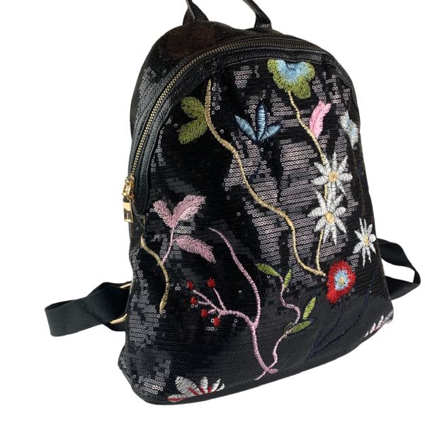 Backpack with sequins and floral embroidery